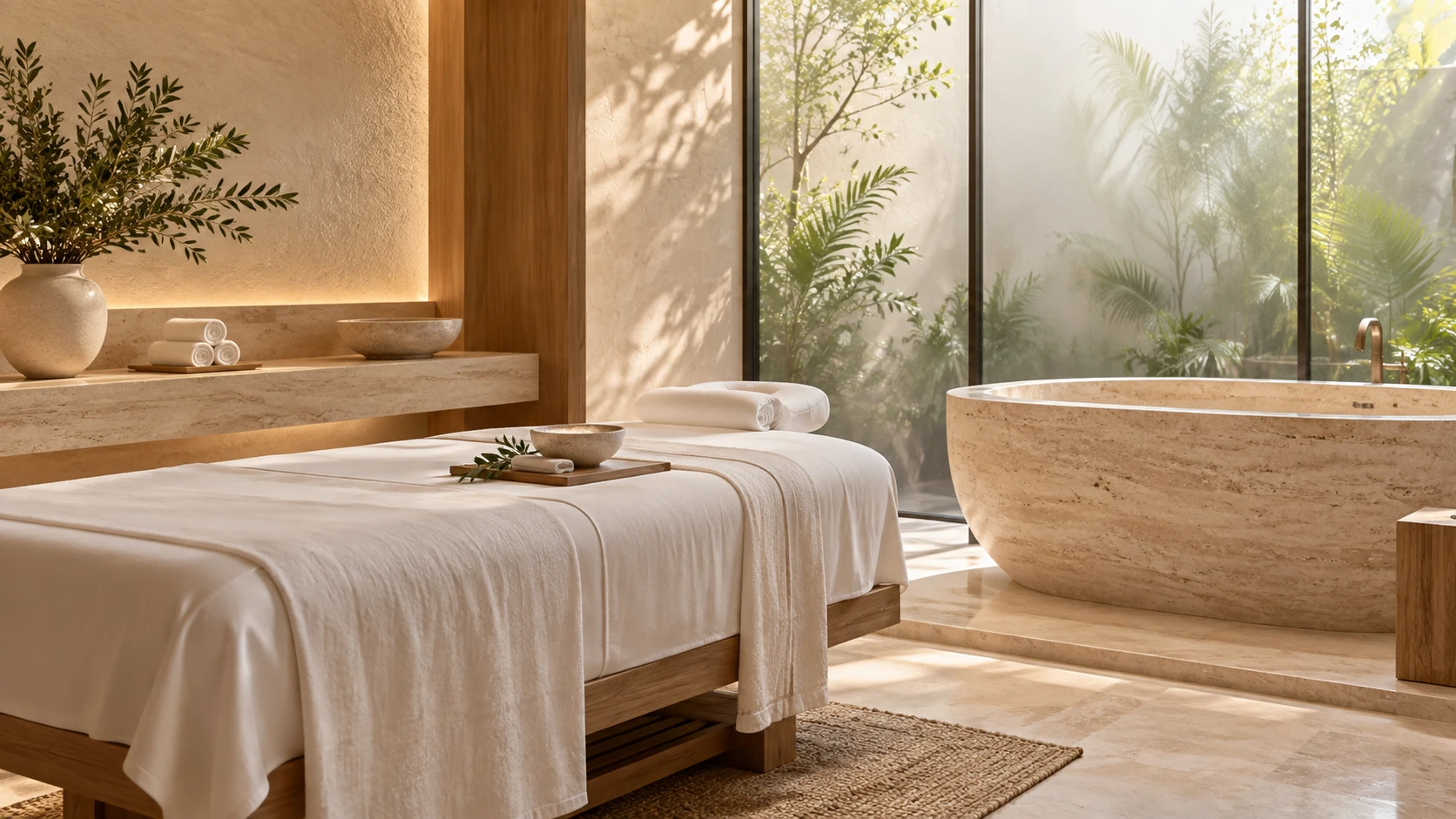 Ambiente de spa com maca, banheira de pedra e luz natural